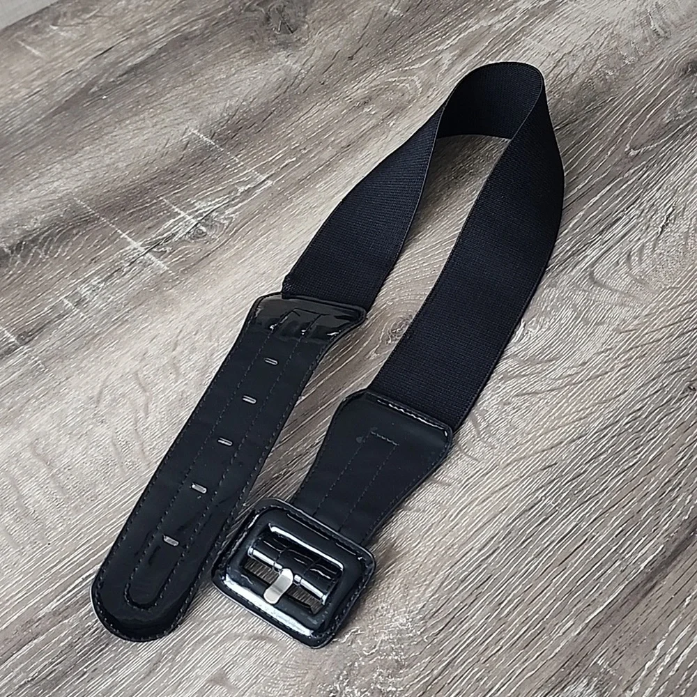 Y2K Faux Black Patent Leather Stretch Wide Belt